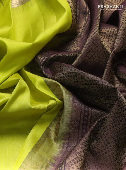 Pure soft silk saree lime yellow and coffee brown with allover zari stripe pattern and long rettapet zari woven border
