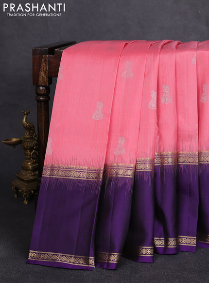 Pure soft silk saree light pink and violet with allover zari weaves & buttas and long rettapet zari woven border