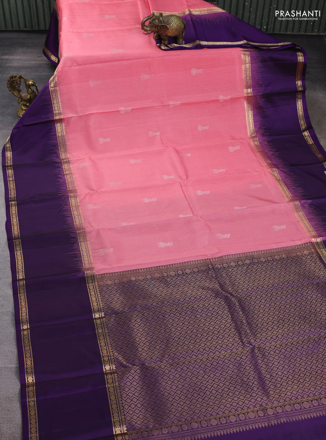 Pure soft silk saree light pink and violet with allover zari weaves & buttas and long rettapet zari woven border