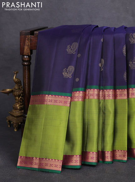 Pure soft silk saree navy blue and purple light green with annam & rudhraksha zari woven buttas and long rettapet zari woven border