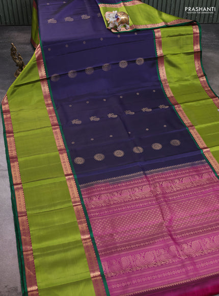 Pure soft silk saree navy blue and purple light green with annam & rudhraksha zari woven buttas and long rettapet zari woven border