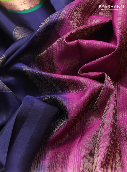 Pure soft silk saree navy blue and purple light green with annam & rudhraksha zari woven buttas and long rettapet zari woven border