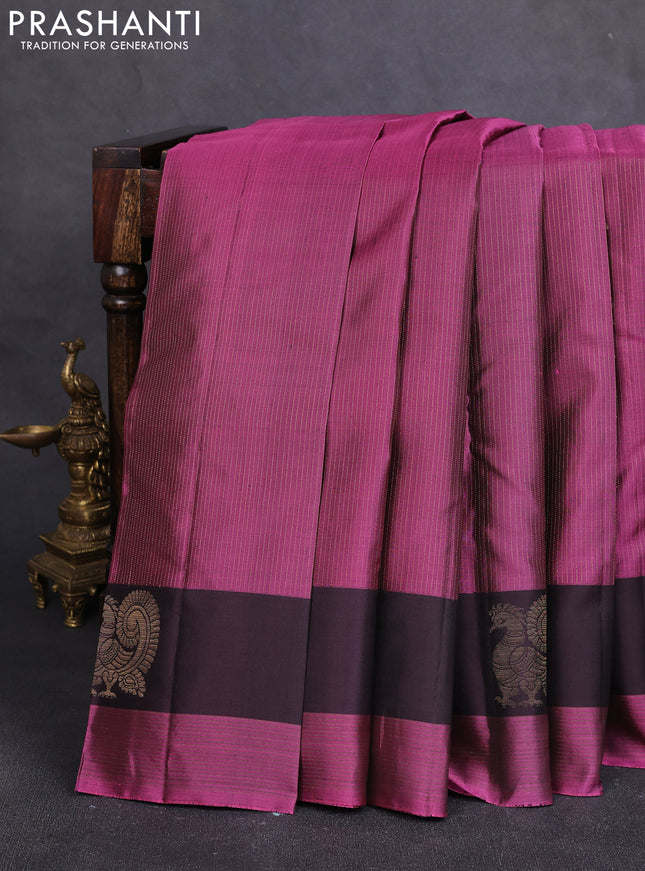 Pure soft silk saree dark magenta pink and coffee brown with allover zari stripe pattern and zari woven annam butta border