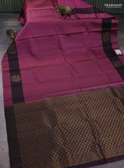 Pure soft silk saree dark magenta pink and coffee brown with allover zari stripe pattern and zari woven annam butta border
