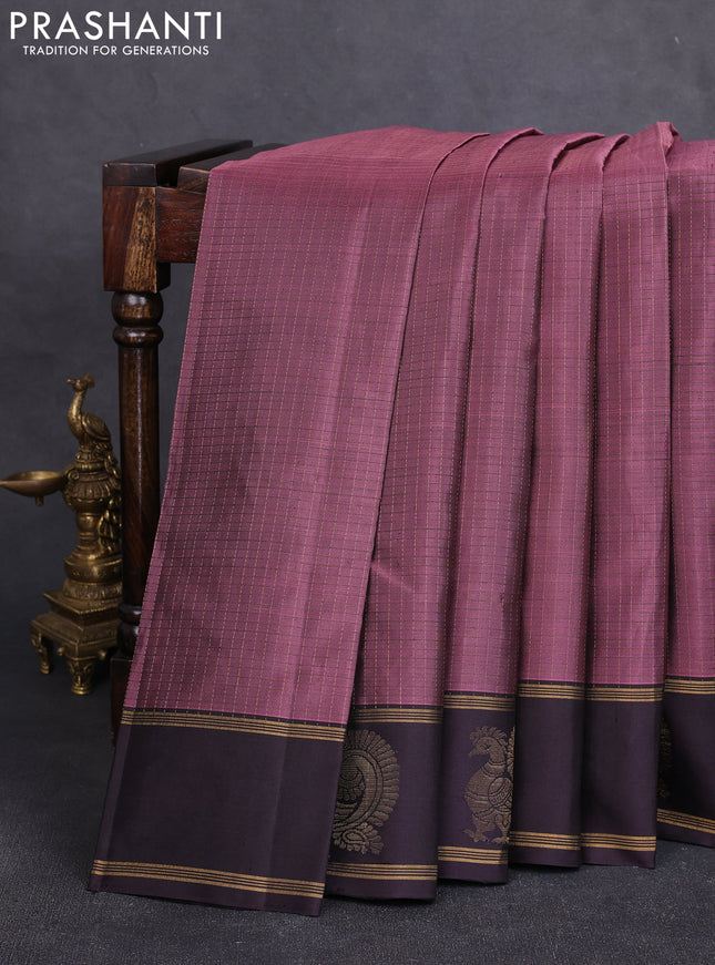 Pure soft silk saree mauve pink and coffee brown with allover zari checked pattern and zari woven annam butta border