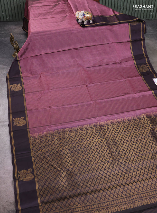 Pure soft silk saree mauve pink and coffee brown with allover zari checked pattern and zari woven annam butta border