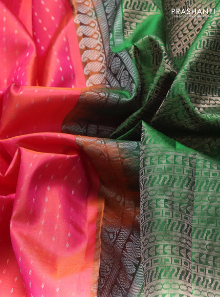 Pure soft silk saree dual shade of pinkish orange and green with allover silver & gold zari woven butta weaves and rettapet zari woven butta border