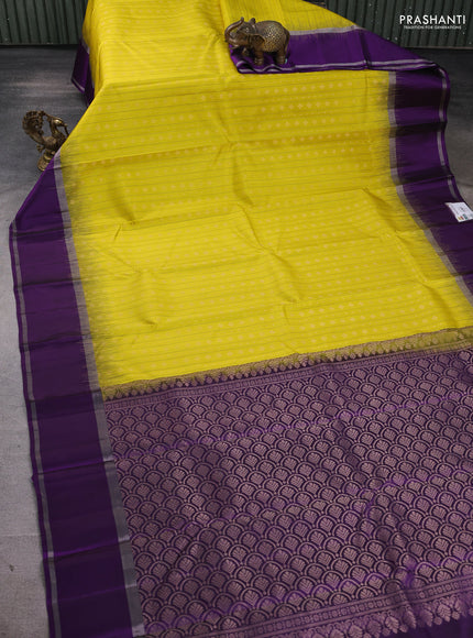 Pure soft silk saree yellow and violet with allover thread weaves & zari buttas and rettapet zari woven border