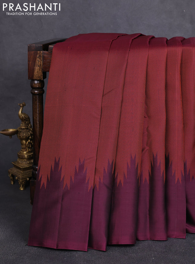 Pure soft silk saree wine shade with allover thread woven brocade weaves and temple design simple border