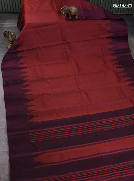 Pure soft silk saree wine shade with allover thread woven brocade weaves and temple design simple border