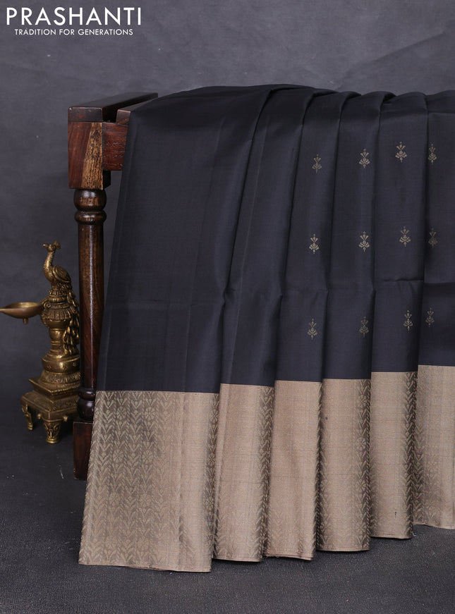 Pure soft silk saree black and chikku shade with zari woven buttas and rich zari woven border