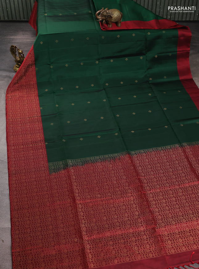 Pure soft silk saree green and maroon with zari woven buttas and rich zari woven border