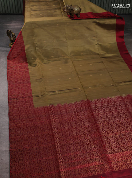 Pure soft silk saree elaichi green and maroon with zari woven buttas and rich zari woven border