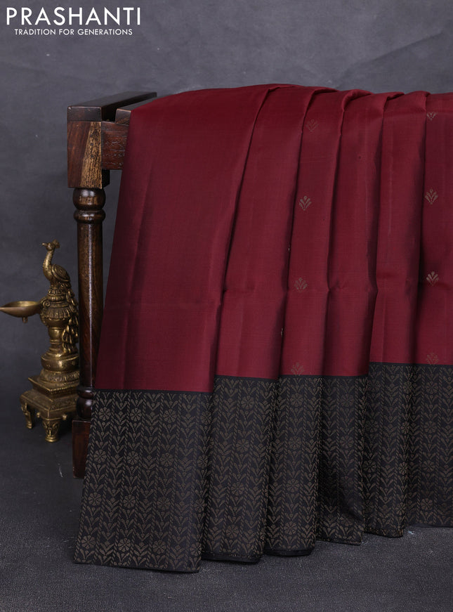 Pure soft silk saree maroon and black with zari woven buttas and rich zari woven border