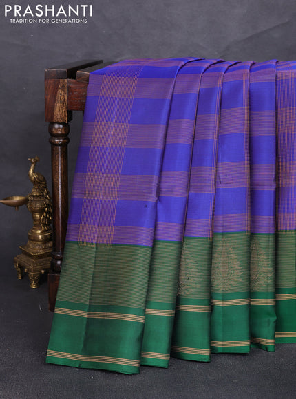 Pure soft silk saree blue and green with allover thread woven checked pattern and rettapet zari woven border