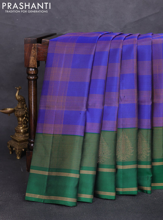 Pure soft silk saree blue and green with allover thread woven checked pattern and rettapet zari woven border