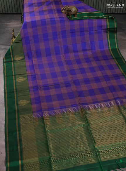 Pure soft silk saree blue and green with allover thread woven checked pattern and rettapet zari woven border