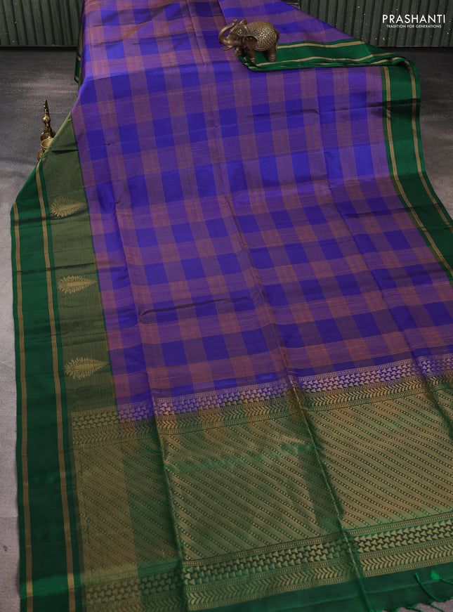 Pure soft silk saree blue and green with allover thread woven checked pattern and rettapet zari woven border