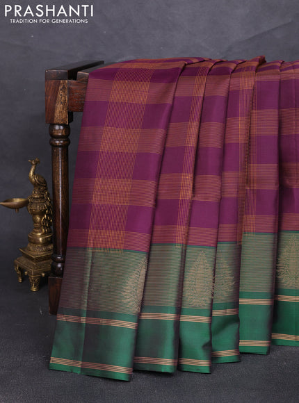 Pure soft silk saree wine shade and green with allover thread checked pattern and long rettapet zari woven border