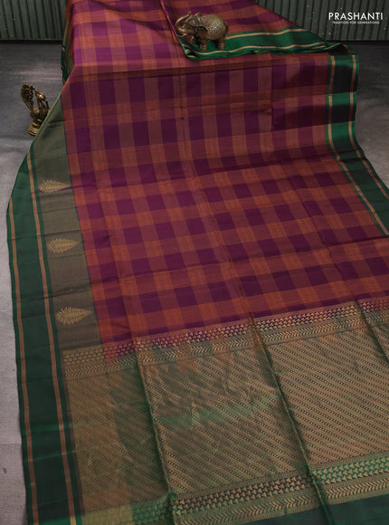 Pure soft silk saree wine shade and green with allover thread checked pattern and long rettapet zari woven border