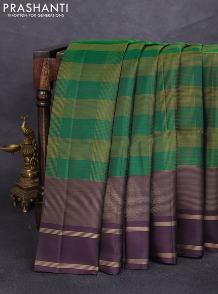 Pure soft silk saree green and coffee brown with allover thread checked pattern and long rettapet zari woven border