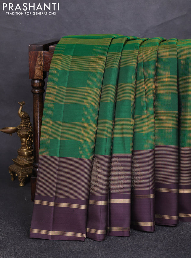 Pure soft silk saree green and coffee brown with allover thread checked pattern and long rettapet zari woven border