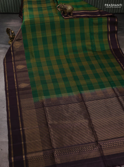 Pure soft silk saree green and coffee brown with allover thread checked pattern and long rettapet zari woven border
