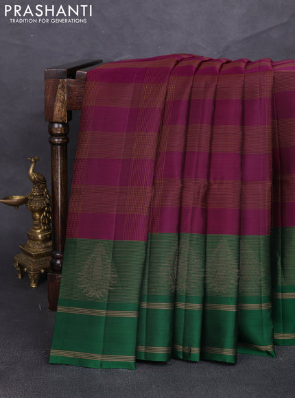 Pure soft silk saree dark magenta and green with allover thread checked pattern and long rettapet zari woven border