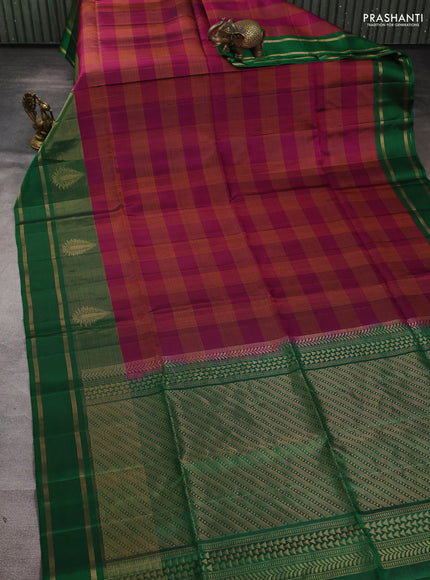 Pure soft silk saree dark magenta and green with allover thread checked pattern and long rettapet zari woven border