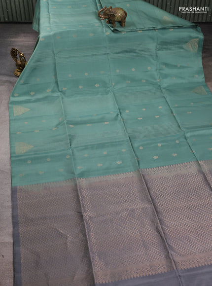 Pure soft silk saree pastel green and grey with allover zari weaves & buttas in borderless style