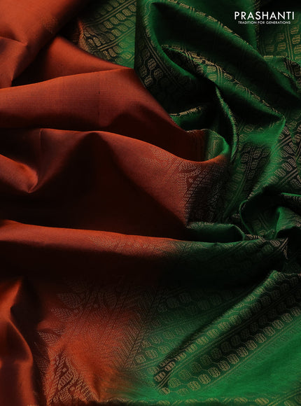Pure soft silk saree rust shade and green with allover zari weaves & buttas in borderless style