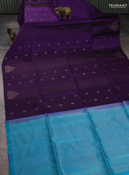 Pure soft silk saree purple and teal blue with allover zari weaves & buttas in borderless style