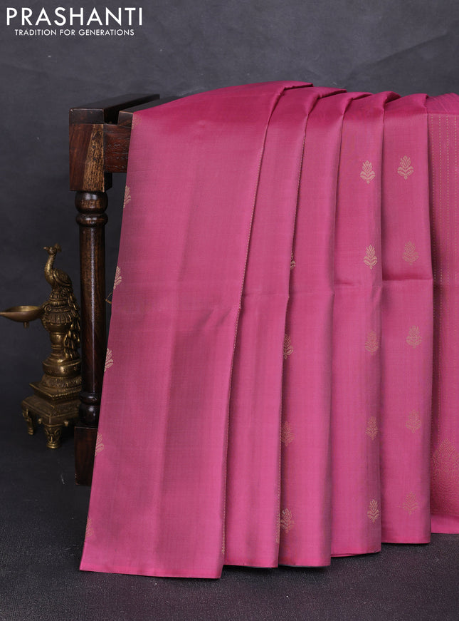 Pure soft silk saree pink and grey with allover zari weaves & buttas in borderless style