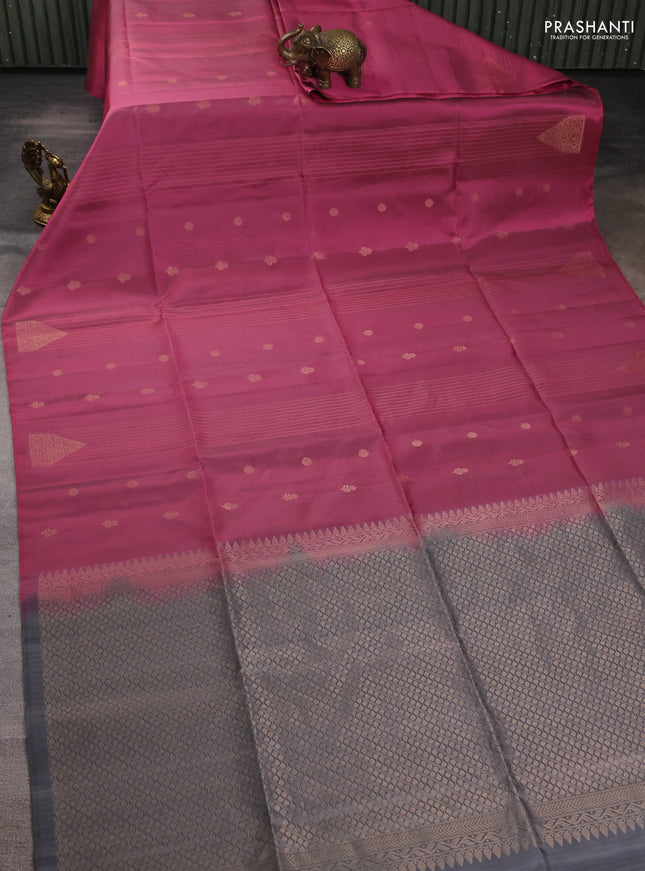 Pure soft silk saree pink and grey with allover zari weaves & buttas in borderless style