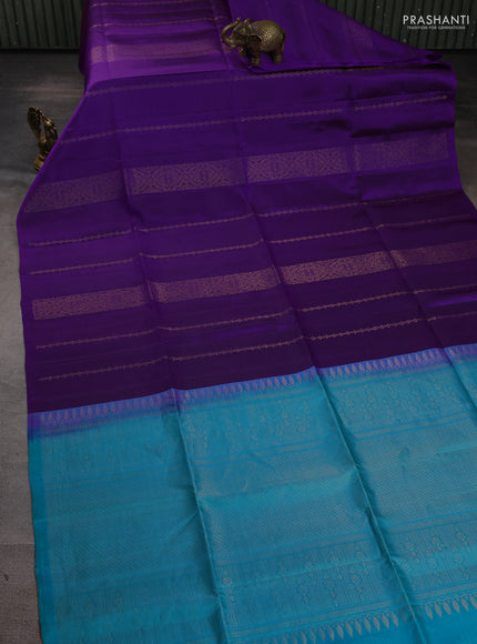 Pure soft silk saree purple and teal blue with allover zari weaves in borderless style