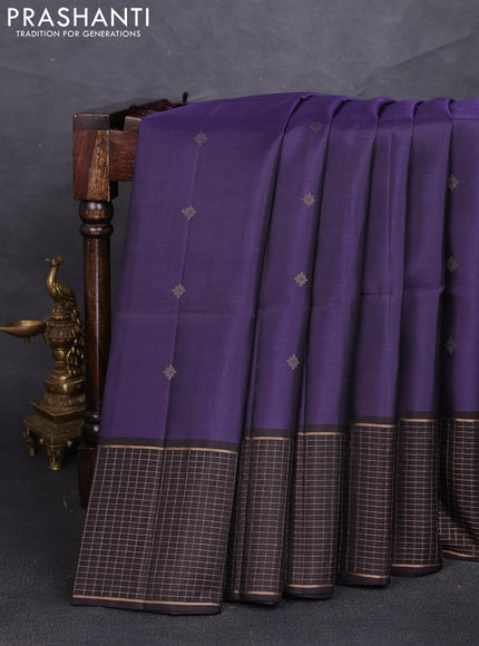 Pure soft silk saree deep violet and coffee brown with zari woven buttas and zari woven checked border