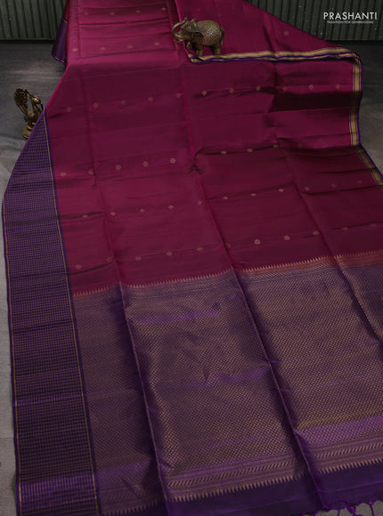 Pure soft silk saree wine shade and violet with zari woven buttas and zari woven checked border