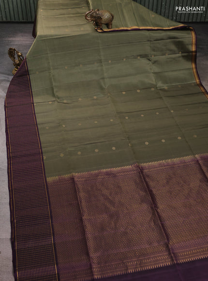 Pure soft silk saree olive green and violet with zari woven buttas and zari woven checked border