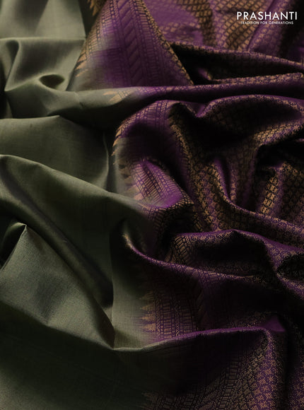 Pure soft silk saree olive green and violet with zari woven buttas and zari woven checked border