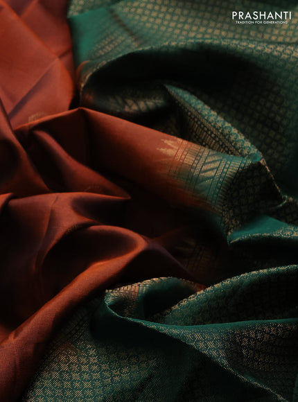 Pure soft silk saree rust shade and bottle green with zari woven buttas and zari woven checked border
