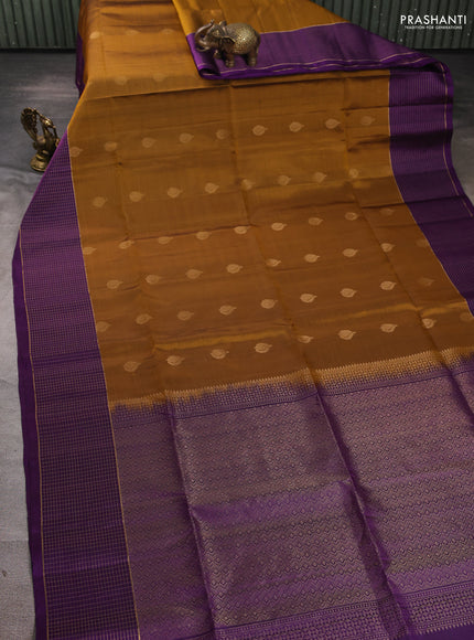 Pure soft silk saree dark mustard and purple with zari woven buttas and zari woven checked border