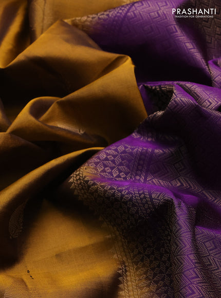 Pure soft silk saree dark mustard and purple with zari woven buttas and zari woven checked border