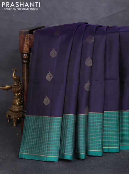 Pure soft silk saree navy blue and green with zari woven buttas and zari woven checked border