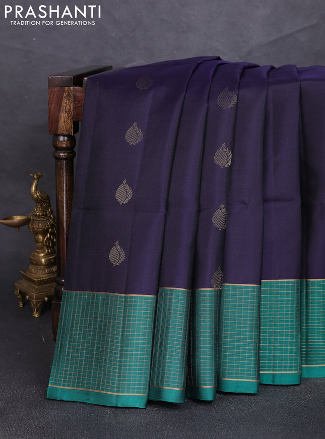 Pure soft silk saree navy blue and green with zari woven buttas and zari woven checked border
