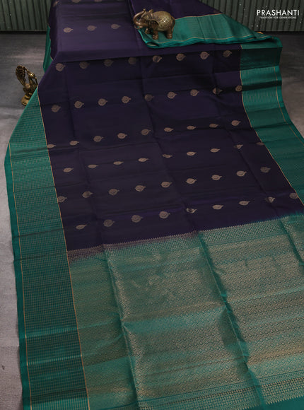 Pure soft silk saree navy blue and green with zari woven buttas and zari woven checked border