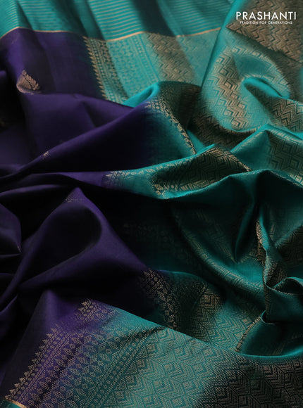 Pure soft silk saree navy blue and green with zari woven buttas and zari woven checked border
