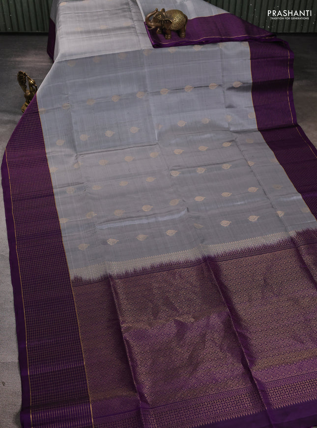 Pure soft silk saree grey and purple with zari woven buttas and zari woven checked border