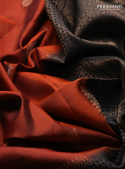 Pure soft silk saree rust shade and black with zari woven buttas and zari woven checked border