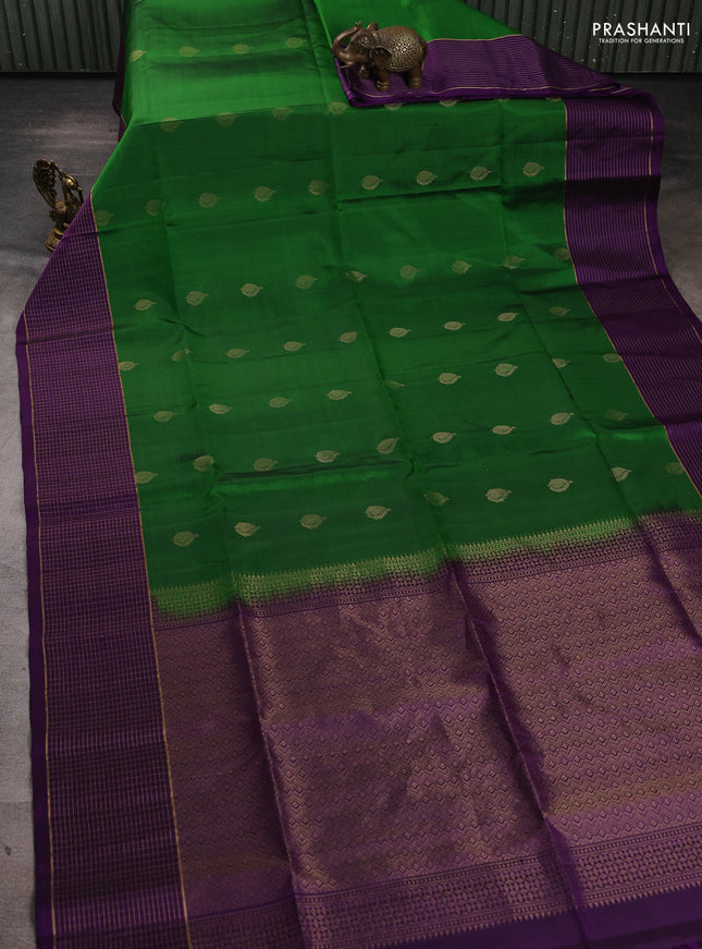Pure soft silk saree green and purple with zari woven buttas and zari woven checked border