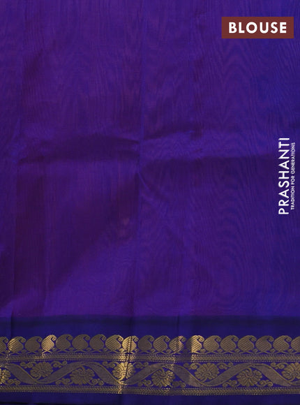 Silk cotton saree peach pink and blue with plain body and zari woven korvai border